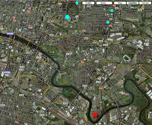 The position of the Dalmarnock biogas plant marked in red and the Dennistoun area marked in blue 